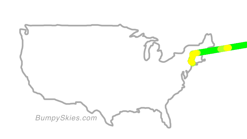 Map of continental US with illustrated flight path and turbulence forecast (described in text below)