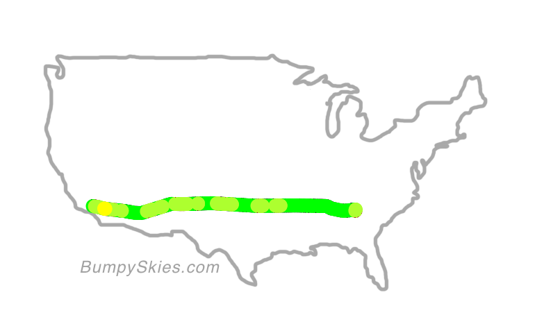 Map of continental US with illustrated flight path and turbulence forecast (described in text below)