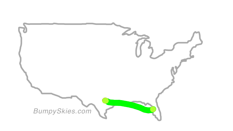 Map of continental US with illustrated flight path and turbulence forecast (described in text below)