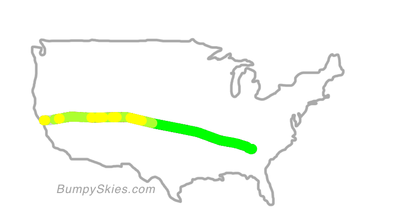 Map of continental US with illustrated flight path and turbulence forecast (described in text below)