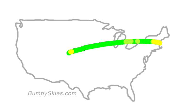 Map of continental US with illustrated flight path and turbulence forecast (described in text below)