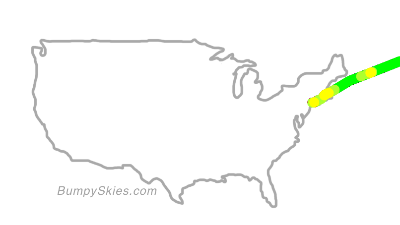Map of continental US with illustrated flight path and turbulence forecast (described in text below)