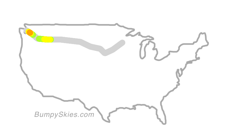 Map of continental US with illustrated flight path and turbulence forecast (described in text below)