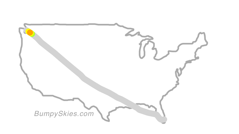 Map of continental US with illustrated flight path and turbulence forecast (described in text below)