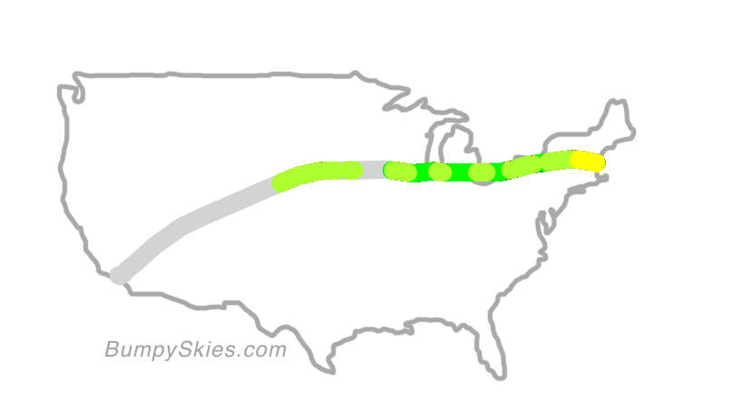 Map of continental US with illustrated flight path and turbulence forecast (described in text below)