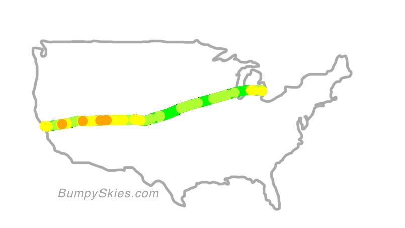 Map of continental US with illustrated flight path and turbulence forecast (described in text below)