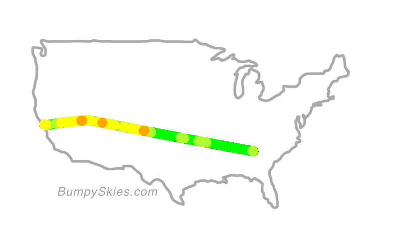 Map of continental US with illustrated flight path and turbulence forecast (described in text below)