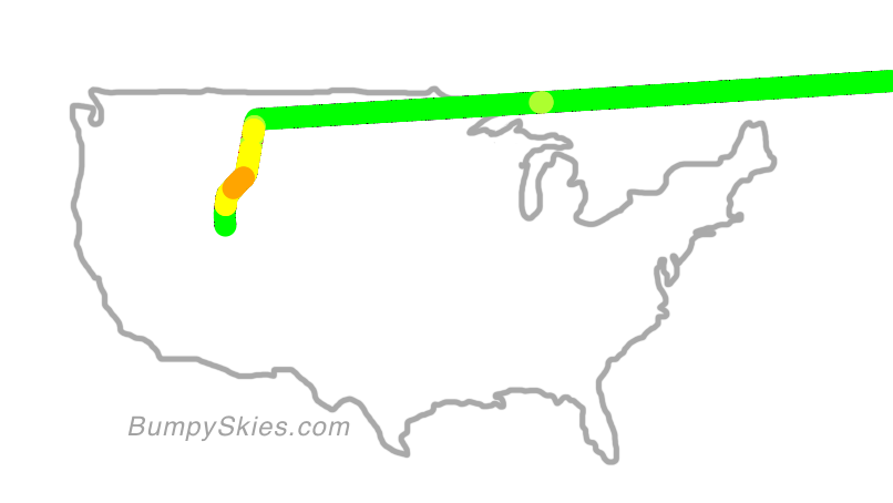 Map of continental US with illustrated flight path and turbulence forecast (described in text below)