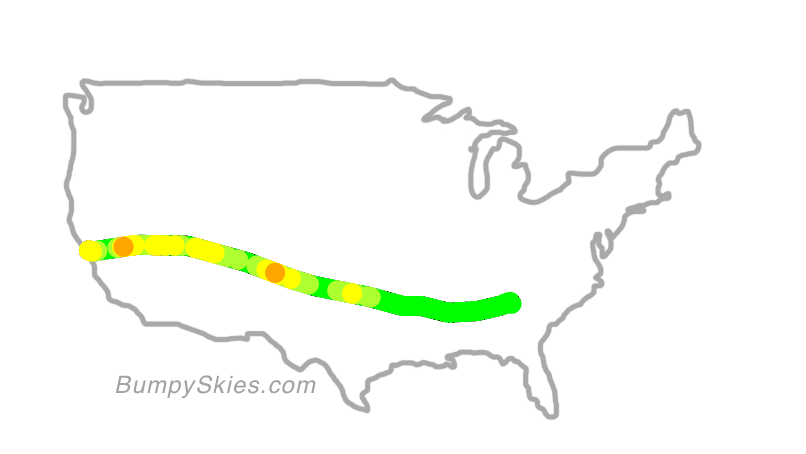 Map of continental US with illustrated flight path and turbulence forecast (described in text below)