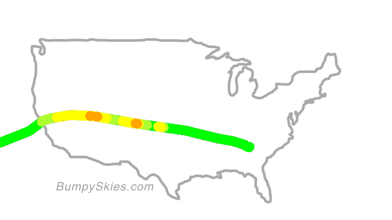 Map of continental US with illustrated flight path and turbulence forecast (described in text below)