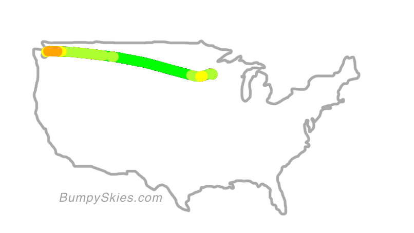 Map of continental US with illustrated flight path and turbulence forecast (described in text below)