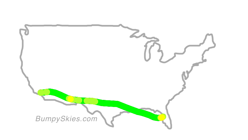 Map of continental US with illustrated flight path and turbulence forecast (described in text below)