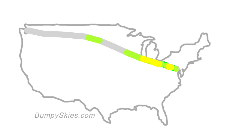 Map of continental US with illustrated flight path and turbulence forecast (described in text below)