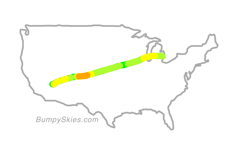 Map of continental US with illustrated flight path and turbulence forecast (described in text below)