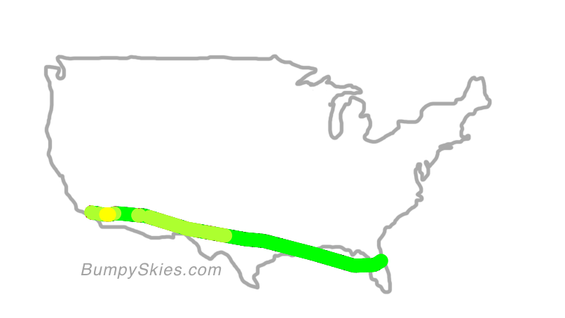 Map of continental US with illustrated flight path and turbulence forecast (described in text below)