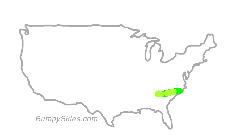 Map of continental US with illustrated flight path and turbulence forecast (described in text below)