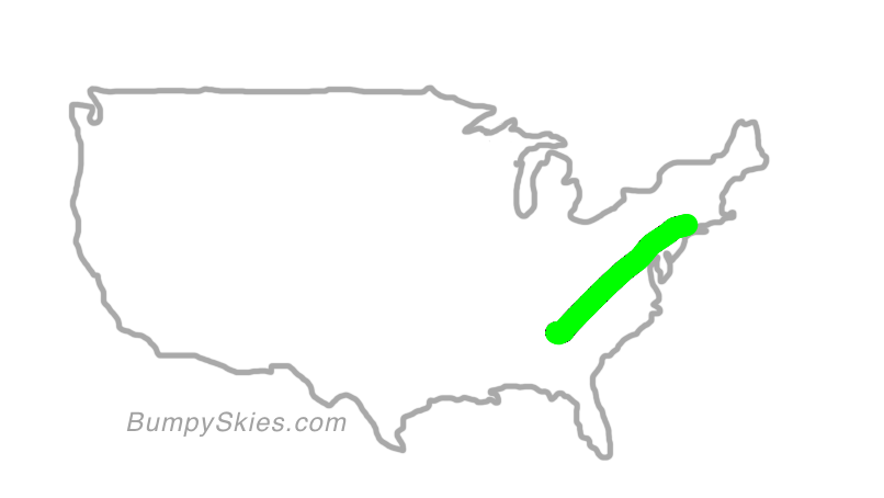 Map of continental US with illustrated flight path and turbulence forecast (described in text below)