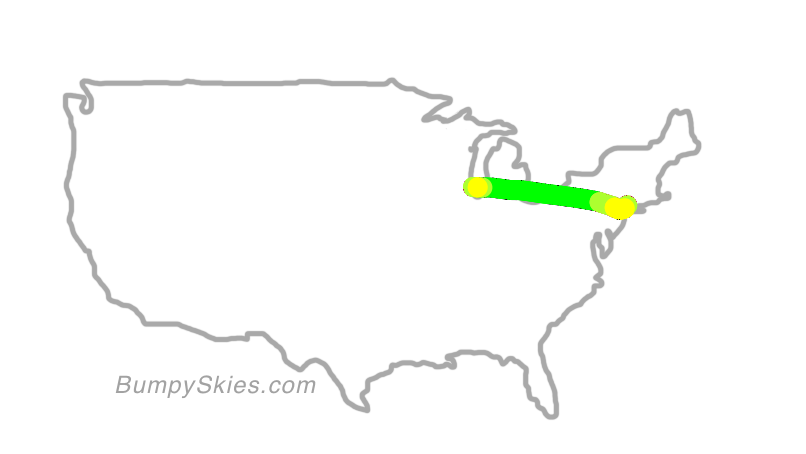 Map of continental US with illustrated flight path and turbulence forecast (described in text below)