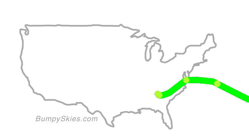 Map of continental US with illustrated flight path and turbulence forecast (described in text below)