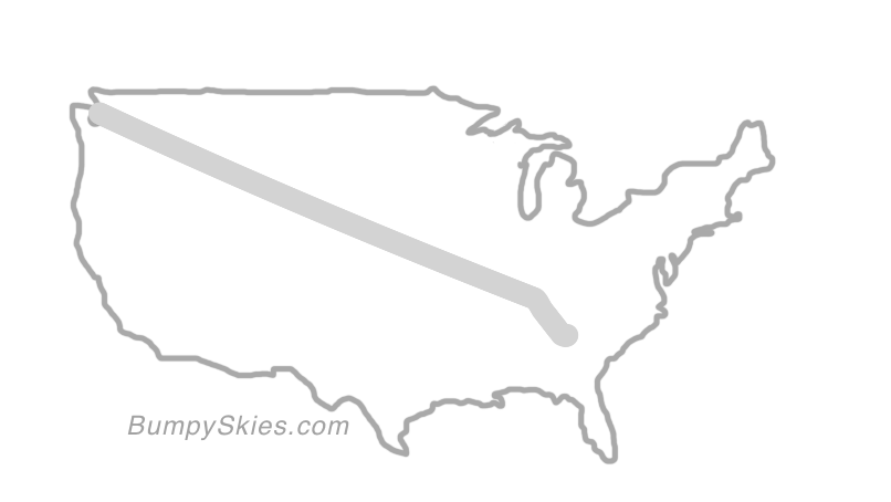 Map of continental US with illustrated flight path and turbulence forecast (described in text below)
