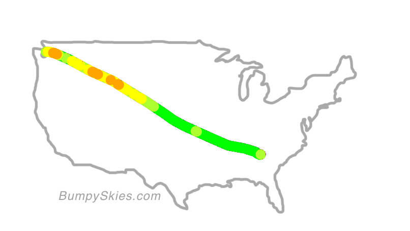 Map of continental US with illustrated flight path and turbulence forecast (described in text below)