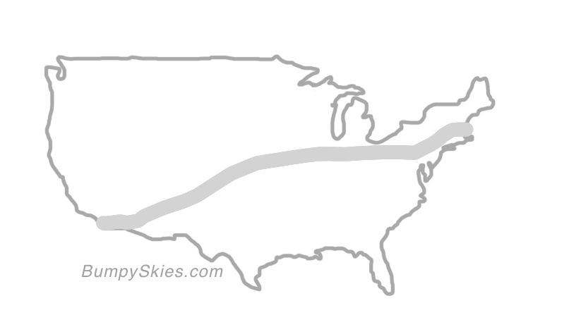 Map of continental US with illustrated flight path and turbulence forecast (described in text below)