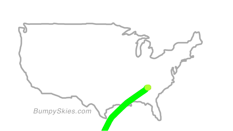 Map of continental US with illustrated flight path and turbulence forecast (described in text below)