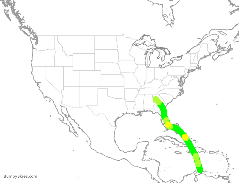 Turbulence forecast map for DAL581, AUA to ATL