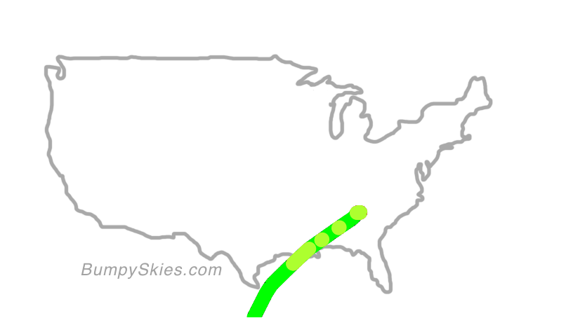 Map of continental US with illustrated flight path and turbulence forecast (described in text below)