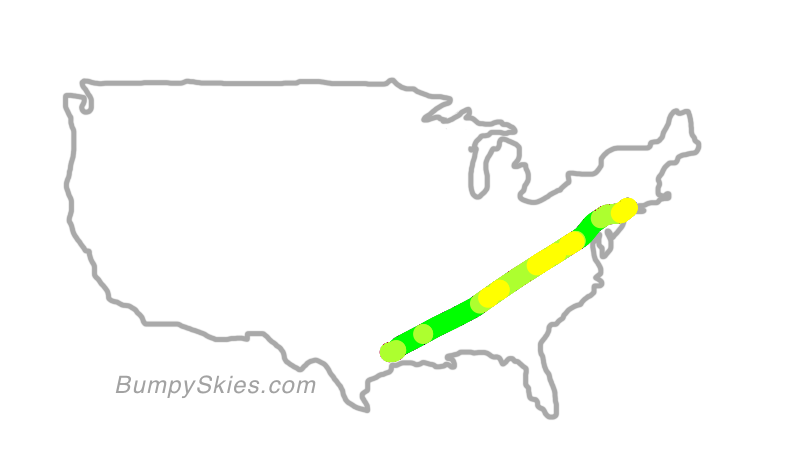 Map of continental US with illustrated flight path and turbulence forecast (described in text below)