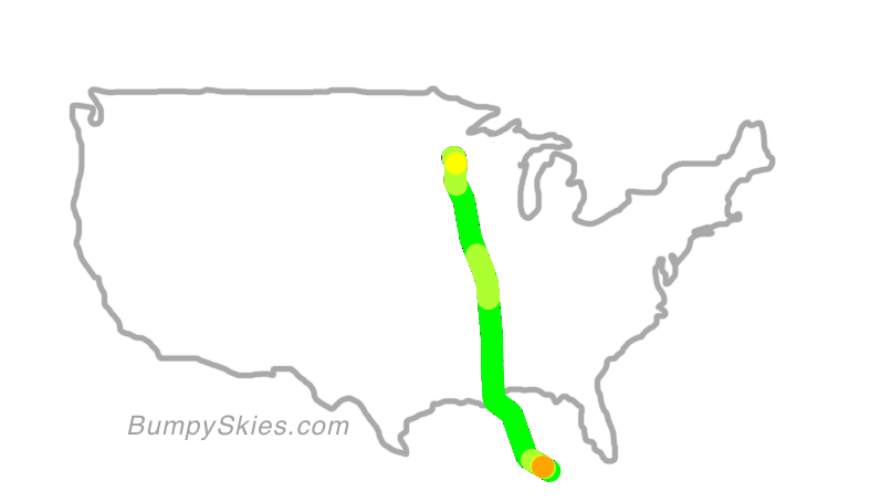 Map of continental US with illustrated flight path and turbulence forecast (described in text below)
