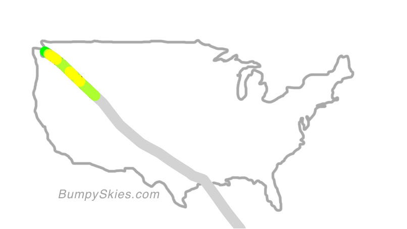 Map of continental US with illustrated flight path and turbulence forecast (described in text below)