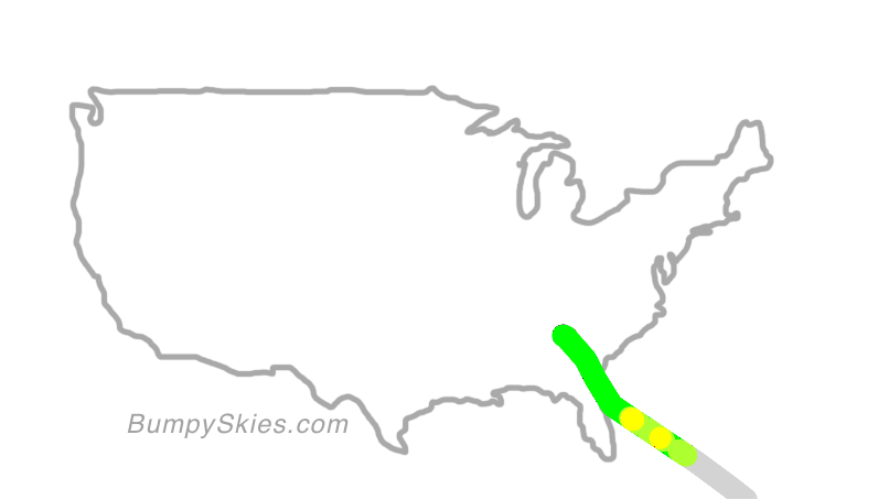 Map of continental US with illustrated flight path and turbulence forecast (described in text below)