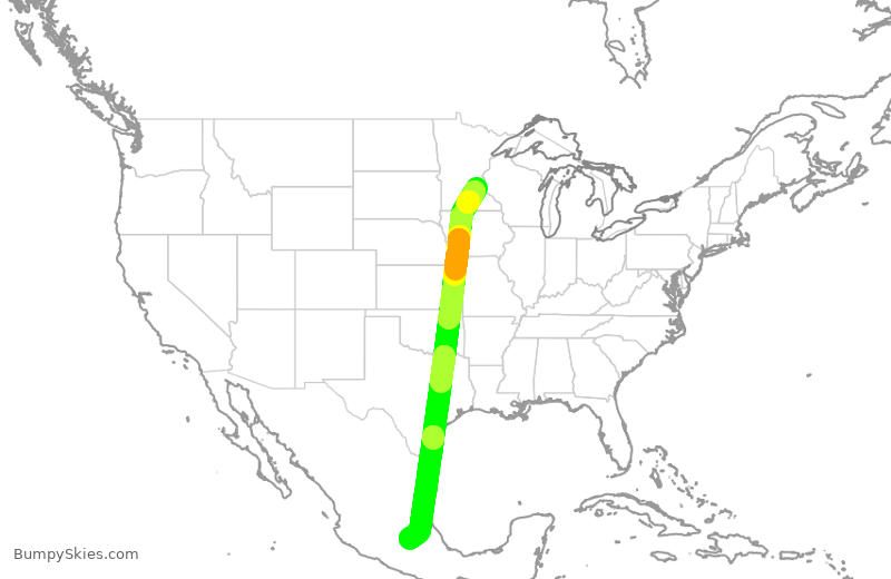 Turbulence forecast map for DAL611, MSP to MMX