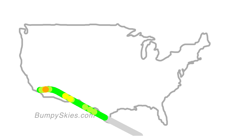 Map of continental US with illustrated flight path and turbulence forecast (described in text below)