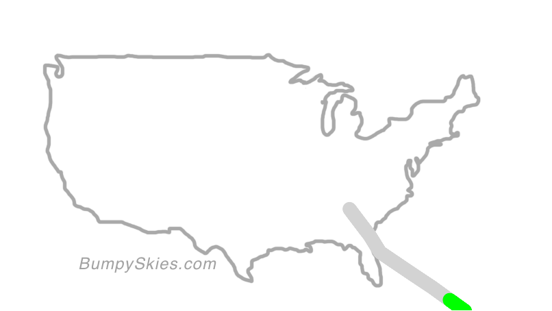 Map of continental US with illustrated flight path and turbulence forecast (described in text below)