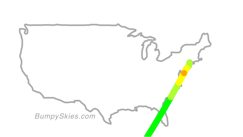 Map of continental US with illustrated flight path and turbulence forecast (described in text below)