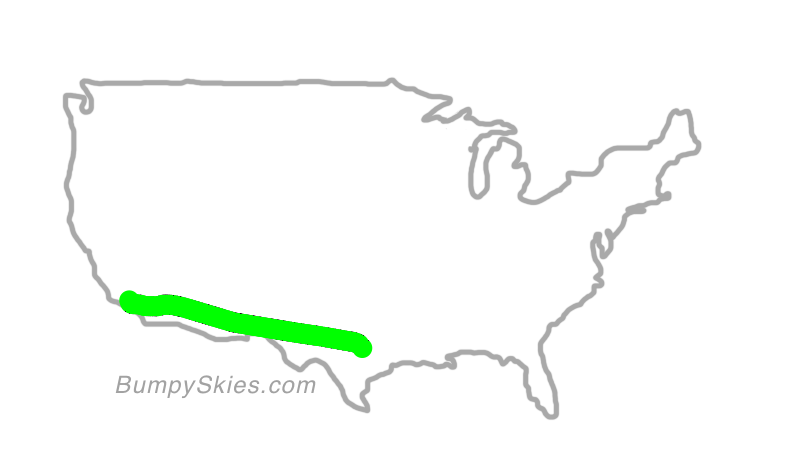 Map of continental US with illustrated flight path and turbulence forecast (described in text below)