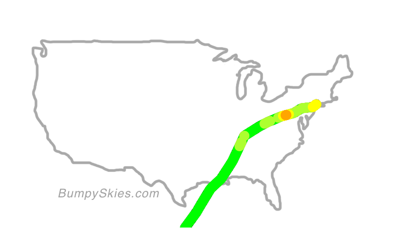 Map of continental US with illustrated flight path and turbulence forecast (described in text below)