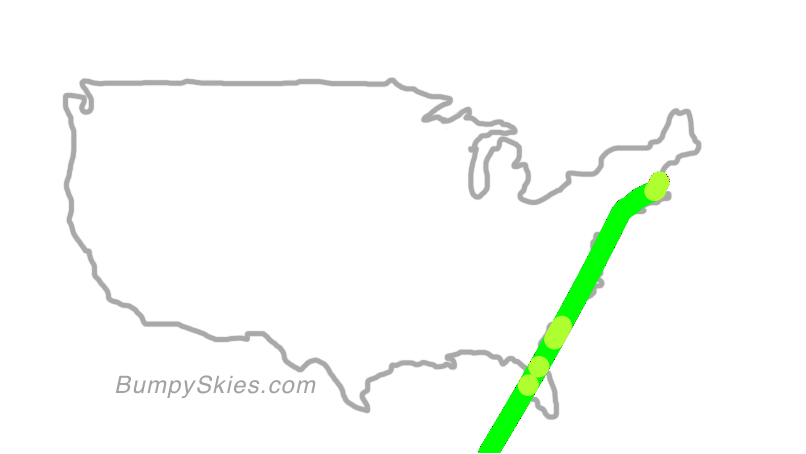 Map of continental US with illustrated flight path and turbulence forecast (described in text below)
