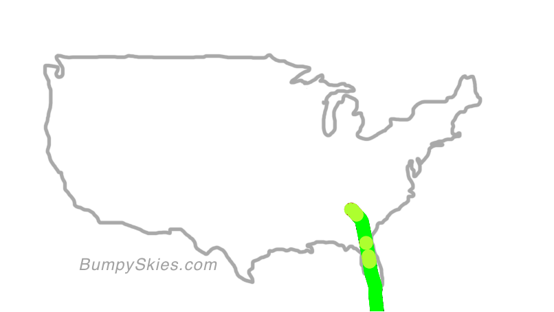 Map of continental US with illustrated flight path and turbulence forecast (described in text below)