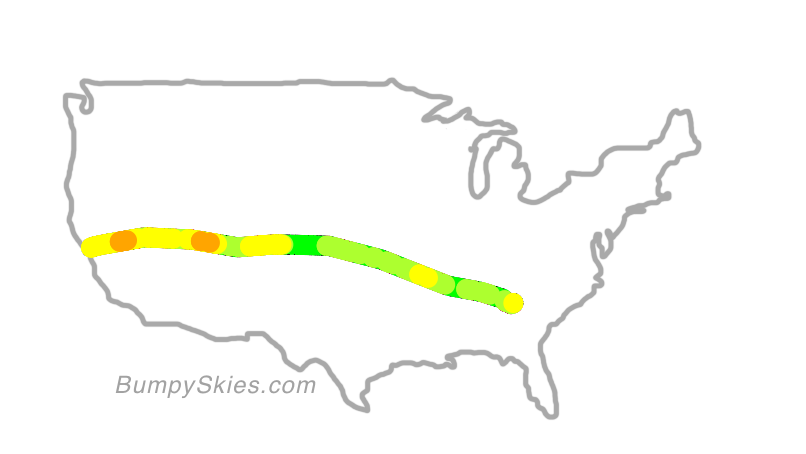Map of continental US with illustrated flight path and turbulence forecast (described in text below)