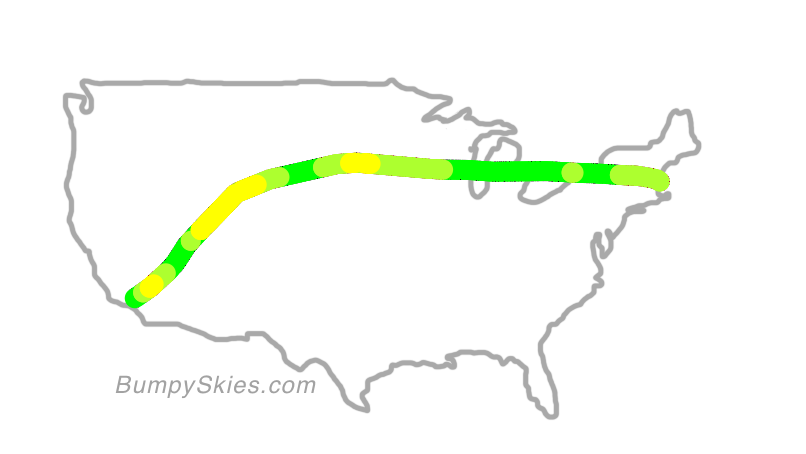 Map of continental US with illustrated flight path and turbulence forecast (described in text below)