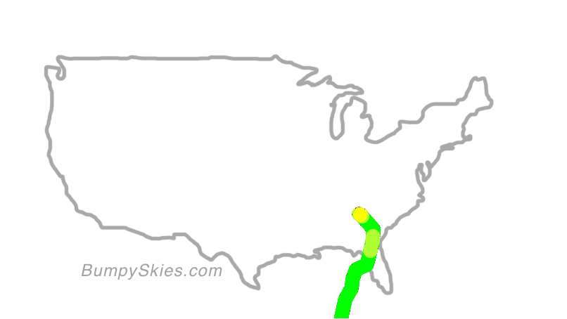Map of continental US with illustrated flight path and turbulence forecast (described in text below)