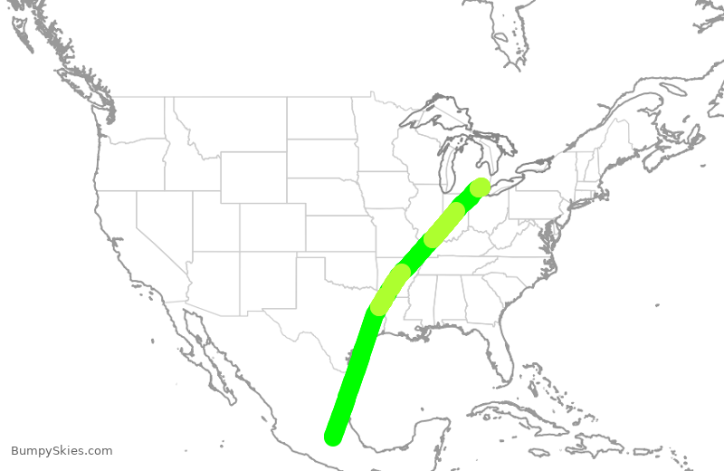 Turbulence forecast map for DAL645, MMX to DTW