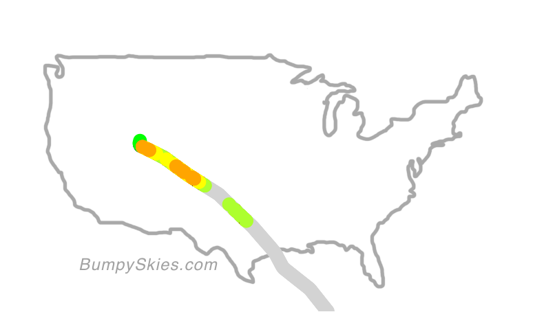 Map of continental US with illustrated flight path and turbulence forecast (described in text below)