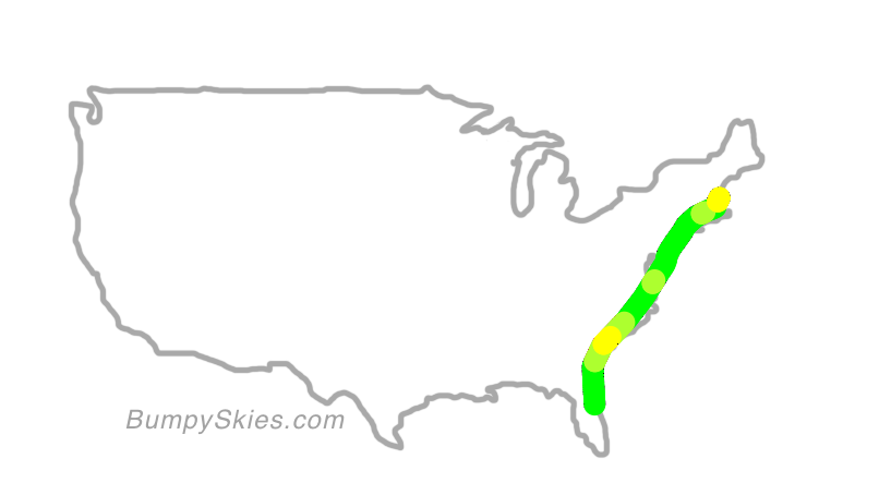 Map of continental US with illustrated flight path and turbulence forecast (described in text below)