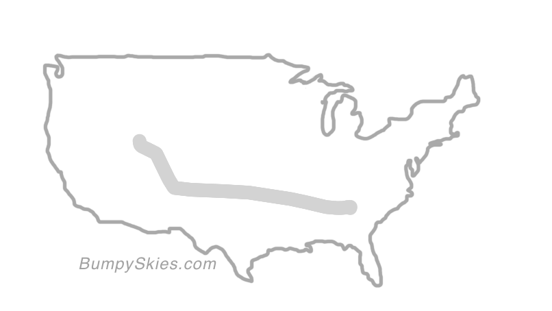 Map of continental US with illustrated flight path and turbulence forecast (described in text below)