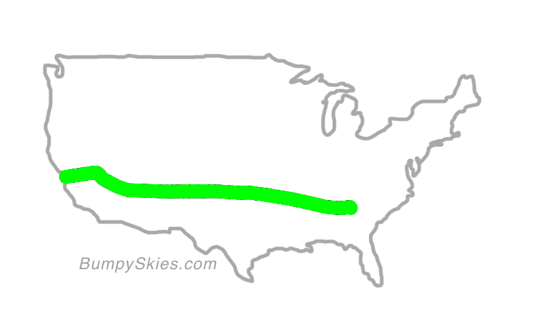 Map of continental US with illustrated flight path and turbulence forecast (described in text below)