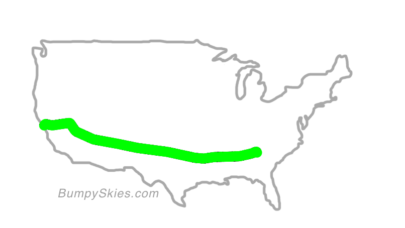Map of continental US with illustrated flight path and turbulence forecast (described in text below)